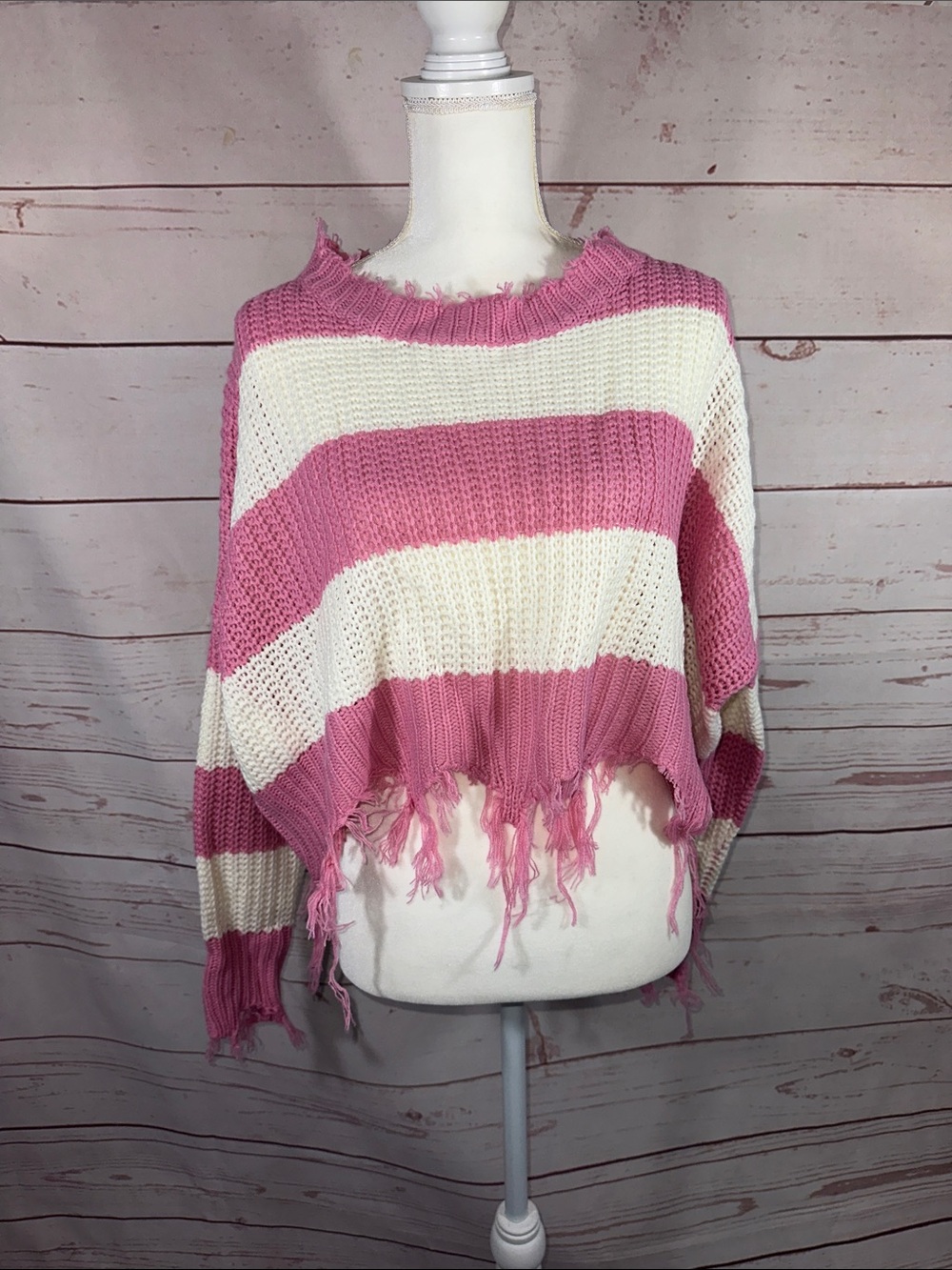 love J Pink & Cream Distressed Striped Cropped Sweater